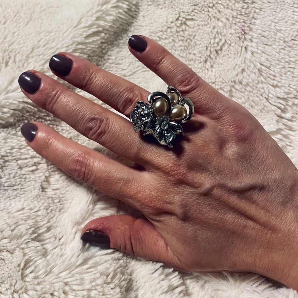 Beautifully crafted statement rose and pearl ring, 6 adjustable up or down!